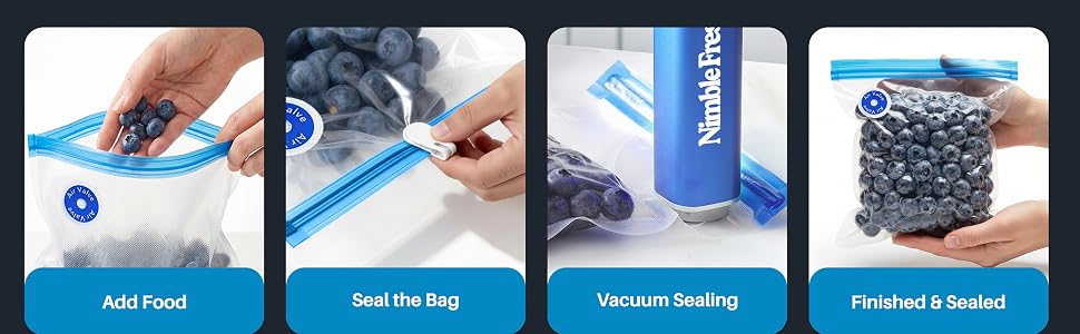 Four step-by-step photos showing how to use NimbleFresh vacuum sealer.
