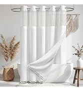 BTTN White Shower Curtain with Snap in Liner, Hooks-Free Design, Boho Striped Linen Fabric Tassel...