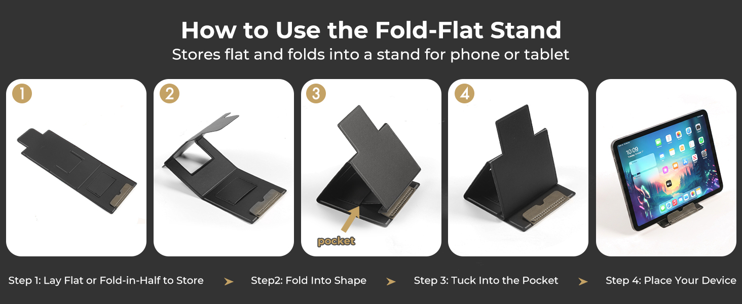 Aimarz AF01 fold-flat stand shown flat, folded, and supporting a phone or tablet.
