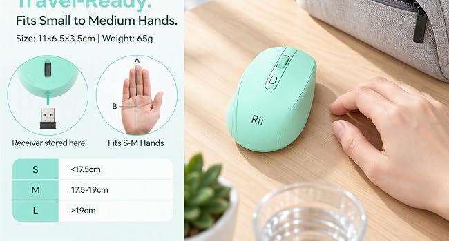 3 Rii RM213 Rechargeable Wireless Mouse, Bluetooth 5.1 + 2.4G Dual Mode 65g Travel Mouse for Laptop