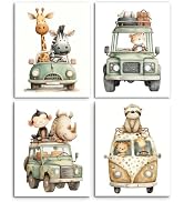 Frimeeme Animal Car Safari Wall Art Prints, Kids Bedroom Playroom Decor, Set of 4, 8x10 Inch, Unf...