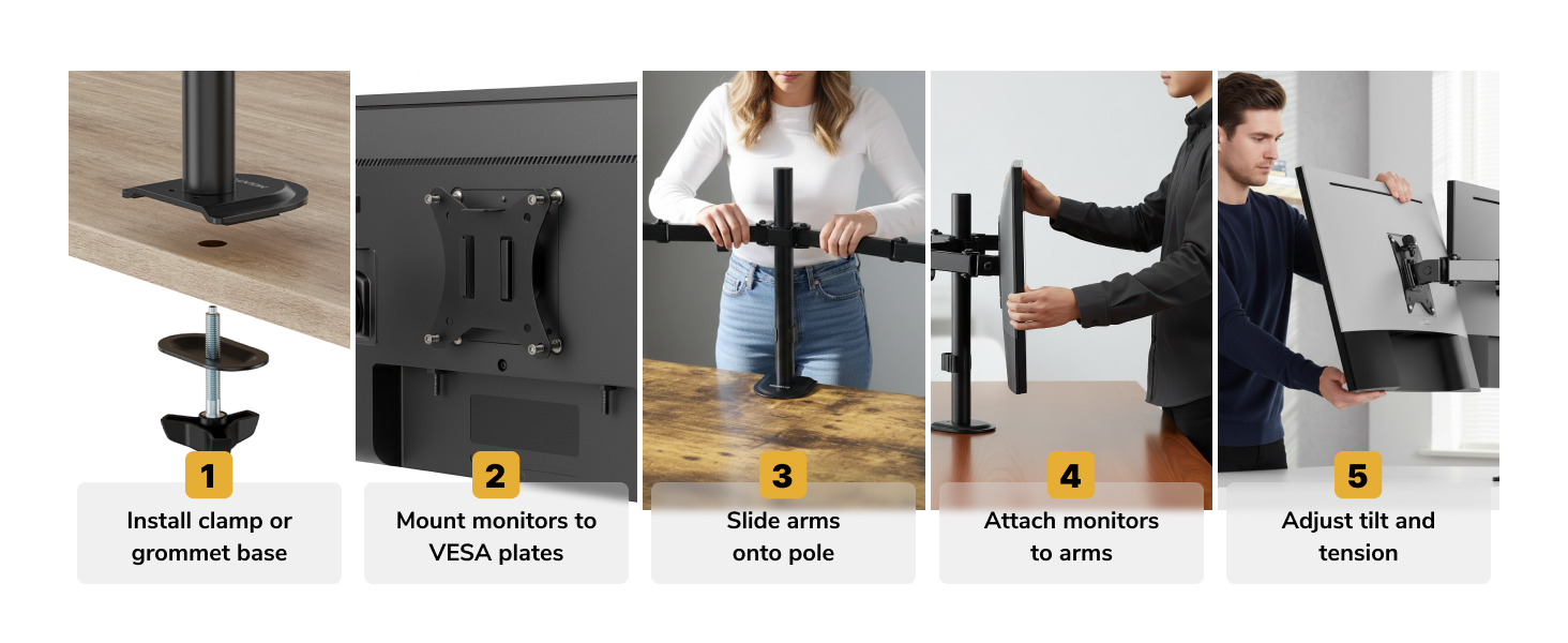 Step-by-step dual monitor mount installation with tension adjustment to reduce monitor sag