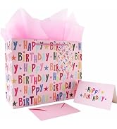 JAYTEM Birthday Gift Bag, 13" Pink Large Gift Bag, Classic Colorful Lettering Design Happy Birthd...