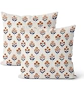 Fall Burnt Orange Blue Pillow Covers 18x18 Inch 2 Pcs Block Print Vintage Floral Decor Throw Pill...
