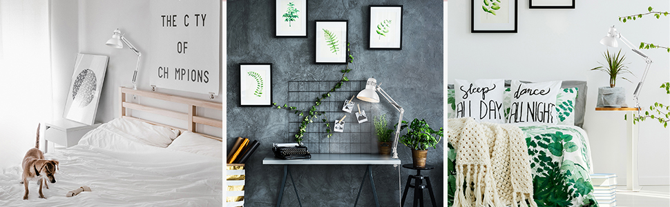 Architect Matte White Swing Arm Clamp-On Desk Lamp Featured in a Bedroom, Office, and Living Room