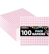 Vyntra Pink and White Gingham Disposable Paper Napkins, 100 Count Checkered Party Tableware for B...