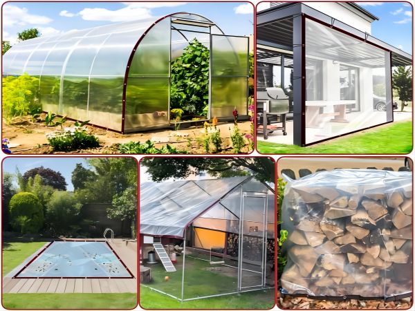 Collage of greenhouse and outdoor structure images showing various transparent enclosures, including curved tunnel greenhouse and modern glass pavilion designs.