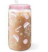 Christmas Gingerbread 16oz Can Glass Tumbler with Acrylic Lid & Straw, Iced Coffee Cup for Women ...