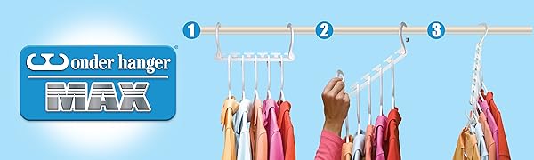 Colorful polo shirts in pink, orange and white hanging. Hand is dropping down hanger for space.