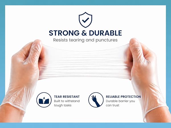 A pair of hands wearing clear gloves stretch the material to demonstrate its strength