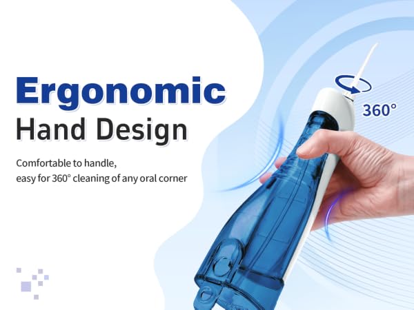 Blue water dental flosser with ergonomic hand design comfortable to handle