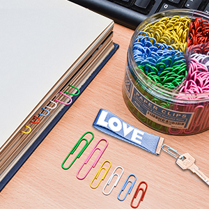 Color Paper clips box on the table. Paper clips shown as keychain