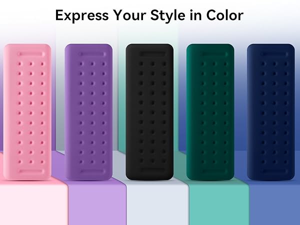 Text reads 'Express Your Style in Color'. Display of phone cases in various colors including pink, purple, teal, and navy blue arranged in a gradient pattern.