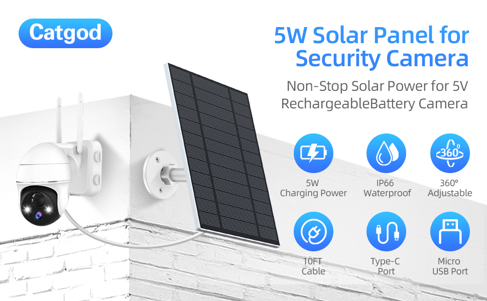 5W USB C Solar Panel for Security Camera DC 5V IP66 Waterproof Type-C Outdoor Panels