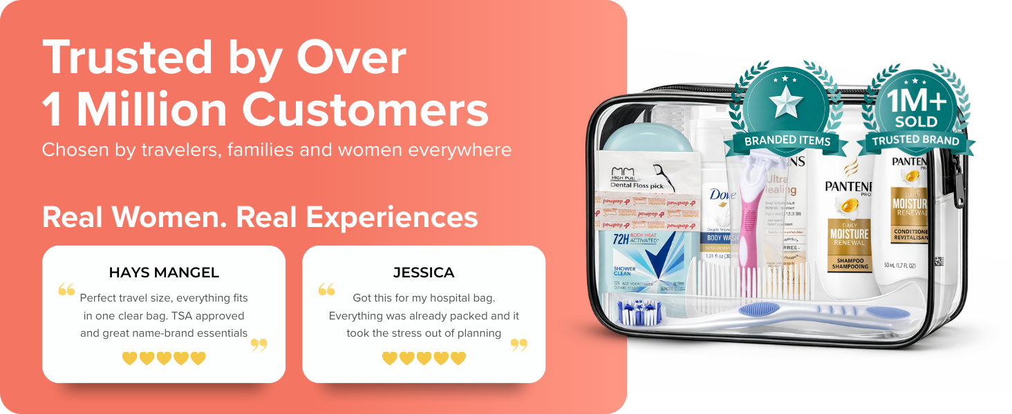 Travel hygiene kit with “Trusted by Over 1 Million Customers” text and customer review quotes.