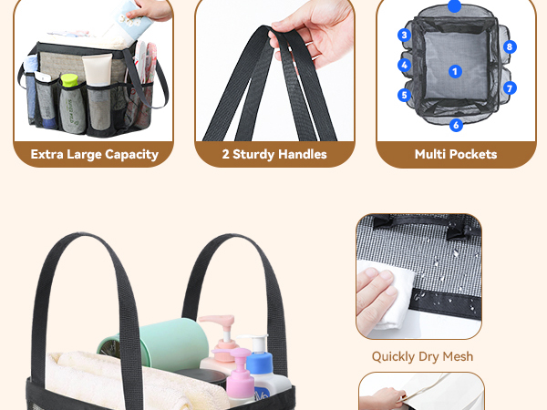 Heavy-duty nylon mesh Waterproof Large drainage hole Double handle Quick dry Key hook 2 tags