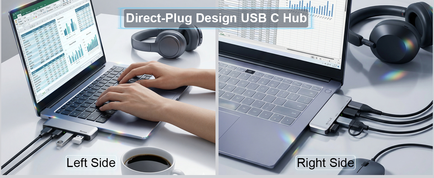 USB C to USB Hub 4 Ports, Direct-Plug Design, Cordless, Streamlined,Part of the laptop