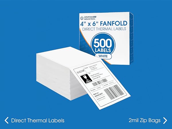 A stack of fanfold direct thermal labels in front of its packaging on a blue background.