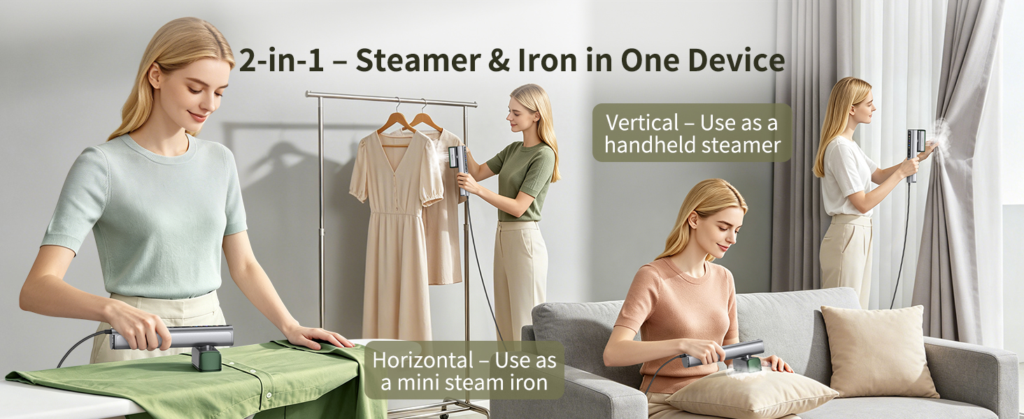 elorti green clothes iron with steamer, use vertically as steamer or horizontally as iron