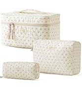 HBselect Quilted Makeup Bag, 3PCS Cotton Large Travel Makeup Bag, Cute Floral Coquette Make up Ba...