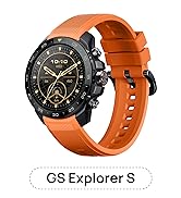 Text reads "GS Explorer S". Black chronograph sports watch with orange silicone strap, featuring dark dial with orange accents and multiple subdials.