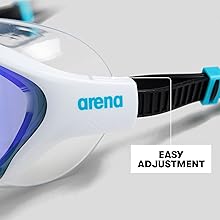 arena The One Swim Mask closeup with details on adjustable clip and split strap for perfect fit