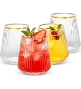 Goodluck 36 Pack 12oz Stemless Plastic Wine Glasses – Clear Ribbed Cups with Gold Rim, Fancy Reus...