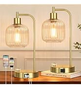 QiMH Industrial Table Lamp for Bedroom Set of 2, Clear Glass Beside Lamp with USB A&C Ports, Step...