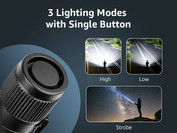 Text reads '3 Lighting Modes with Single Button'. Technical product images showing lighting demonstrations with 'High' and 'Low' settings and strobe effect