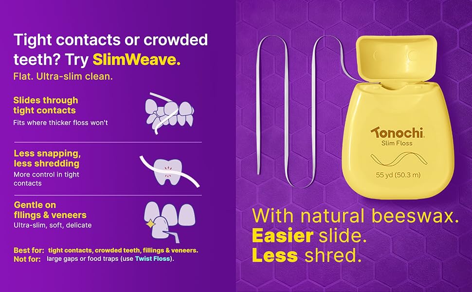 Tonochi SlimWeave Flat Floss — beeswax coated for smooth glide, mint fresh with xylitol protection.