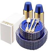 Bestluck 350PCS Clear Blue Plastic Plates for 50 Guests, Disposable Plates with Gold Trim include...