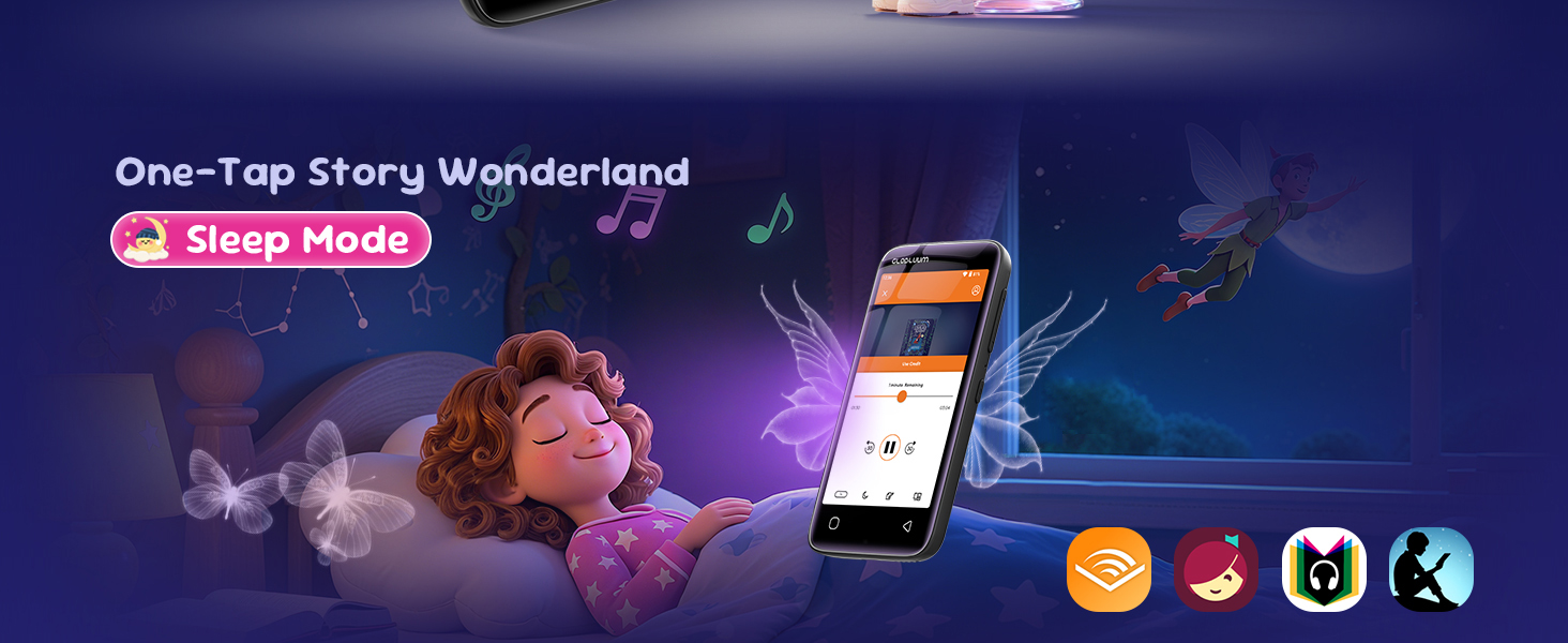 Child falling asleep with MP3 player bedtime stories and sleep mode for a calm night.