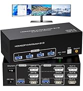 ATLAHET 4K@120Hz HDMI and 2 Displayport KVM Switch 3 Monitors 2 Computers DP 1.4 8K Display Port ...