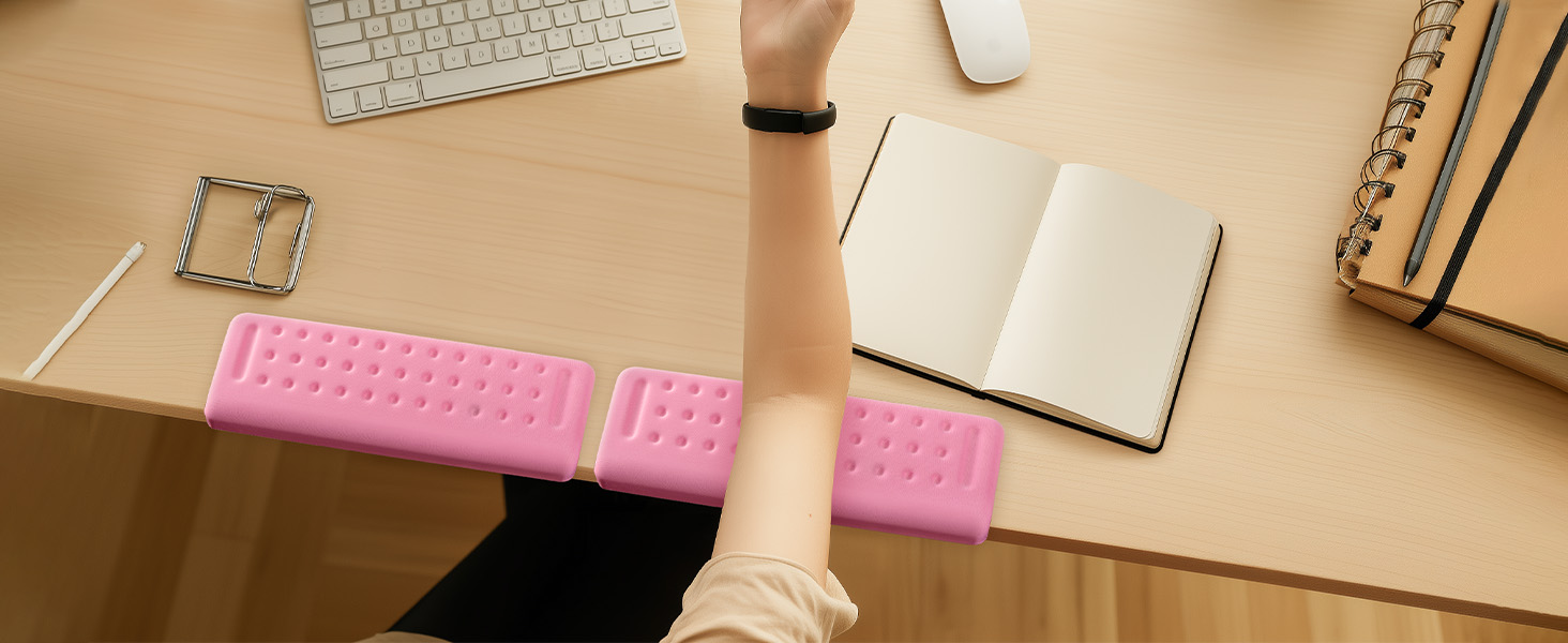 Warm-toned office desk scene with notebook or planner and writing implements, captured from different angles.