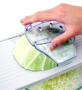 Seki Japan Vegetable Slicer, stainless steel mandoline slicer with hand protector, wide black pla...