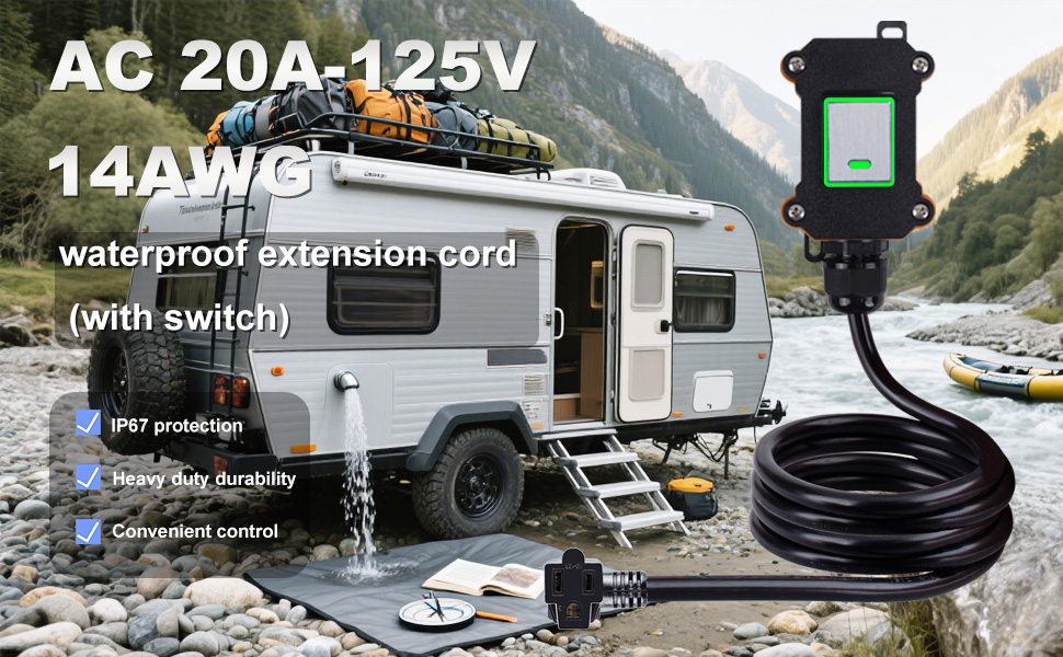20A/125V IP67 Waterproof Extension Cord with Integrated Switch - 14AWG Heavy Duty