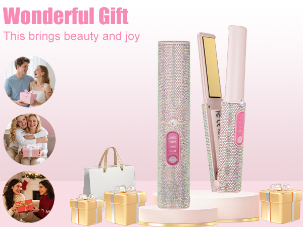 Text reads 'Wonderful Gift' and 'This brings beauty and joy'. Pink-themed cosmetic product display with circular inset lifestyle images and beauty products.