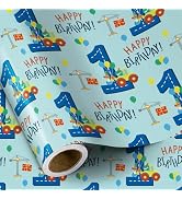 RUSPEPA 1st Birthday Boy Wrapping Paper - Mini Roll - Dinosaur Truck Happy Birthday Design for Bo...