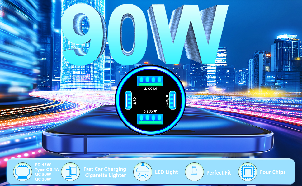90W Dual USB-C & USB-A Car Power Cigarette Lighter 4-Port PD/QC3.0 Type C Car Carplay Fast Charger