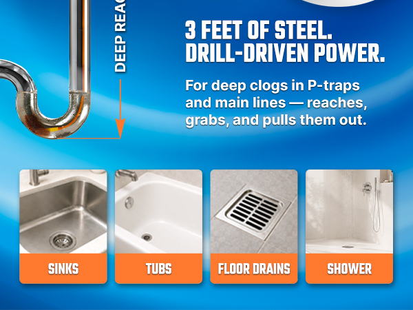 For deep clogs in P-traps and main lines - reachers, grabs and pulls them out.
