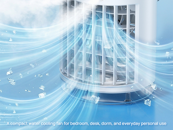 This compact table top ac unit provides a cool mist for rapid desktop and bedroom cooling