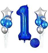 Laser Blue Number 1 Balloon, 40 Inch 1st Birthday Balloons, 11Pcs Metallic Blue Latex Balloons Me...