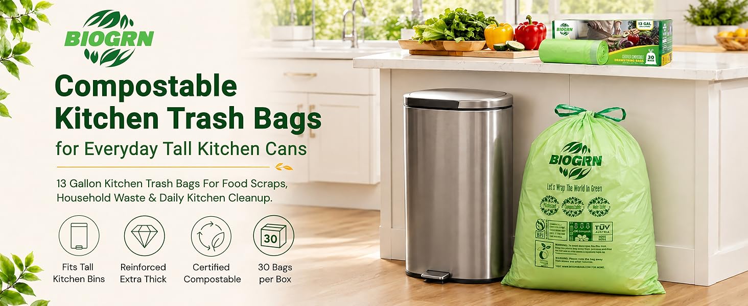 BIOGRN 13 gallon compostable food scrap bags and 30-count box.