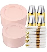 realluck 350 PCS Pink Plastic Dinnerware Set for 50 Guests, 100 Disposable Plates for Party, 50 P...