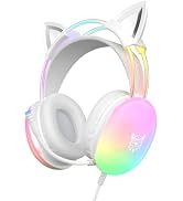 ONITOON Cat Ear Gaming Headset with Mic, RGB Rainbow Lighting, Surround Sound, 3.5mm Wired Over-E...