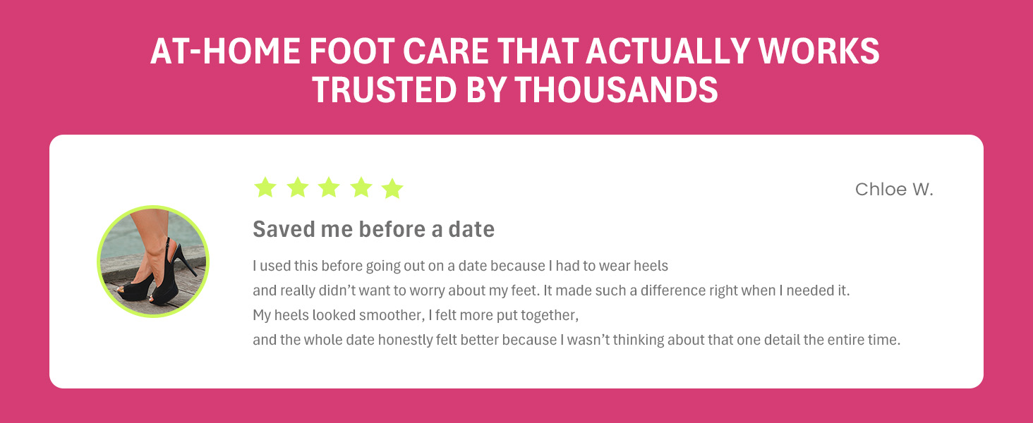 "Feet in black heels; 5-star review from Chloe W. on smoother heels before a date.