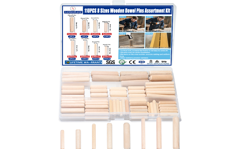 8 Values Wood Dowels Kit 1/4 3/8 5/16