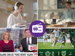 Composite image showing various scenes: person with headphones, kitchen activity, news anchors, soccer player kicking ball, and a purple radio icon in center.