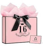 JMANNI 16th Birthday Gift Bag, Pink with Black Satin Bow & Crown Design, Large Happy Birthday Pre...
