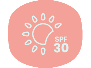 Sun icon with SPF 30 on pink rounded rectangle background